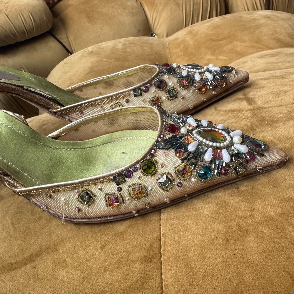 Rene Caovilla Gold Mesh Pointed Toe Mules with Multicolor Gem Embellishments